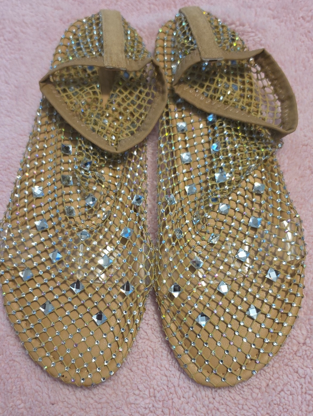 Embellished Gold Mesh Slide Sandals - Women